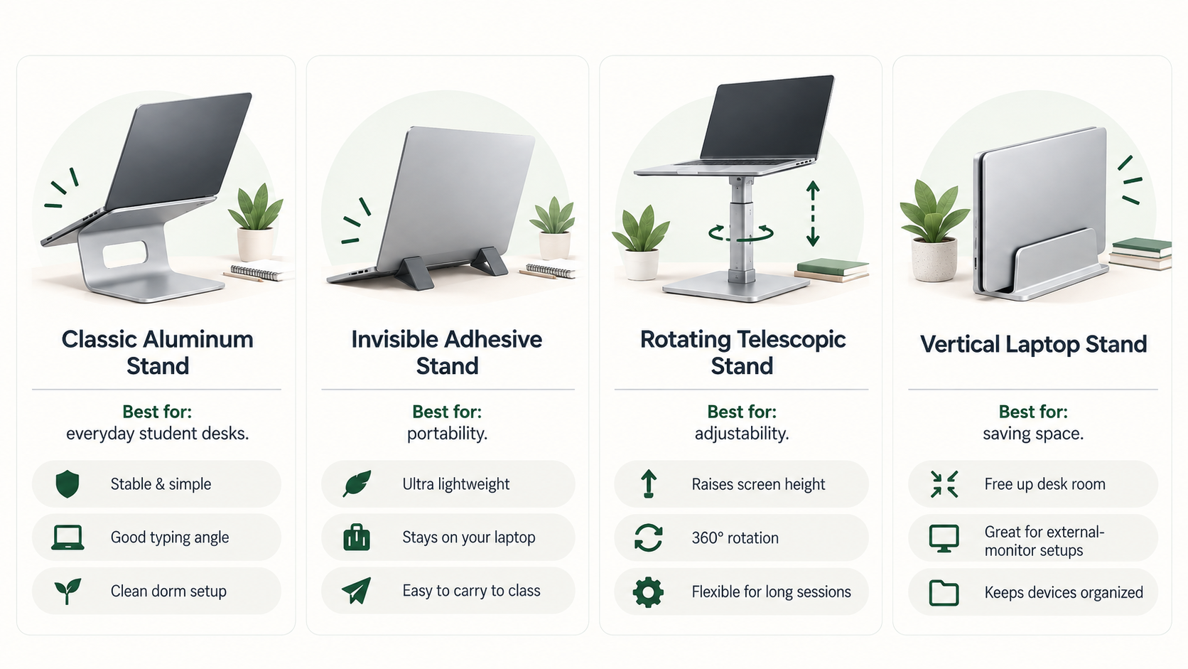 Comparison infographic of four laptop stands for students