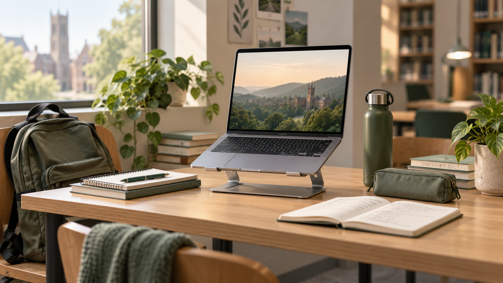 Student desk setup with laptop stand in a warm study environment