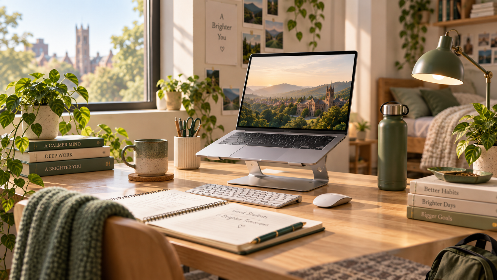 Illustrated sunlit student desk with an elevated laptop and study materials